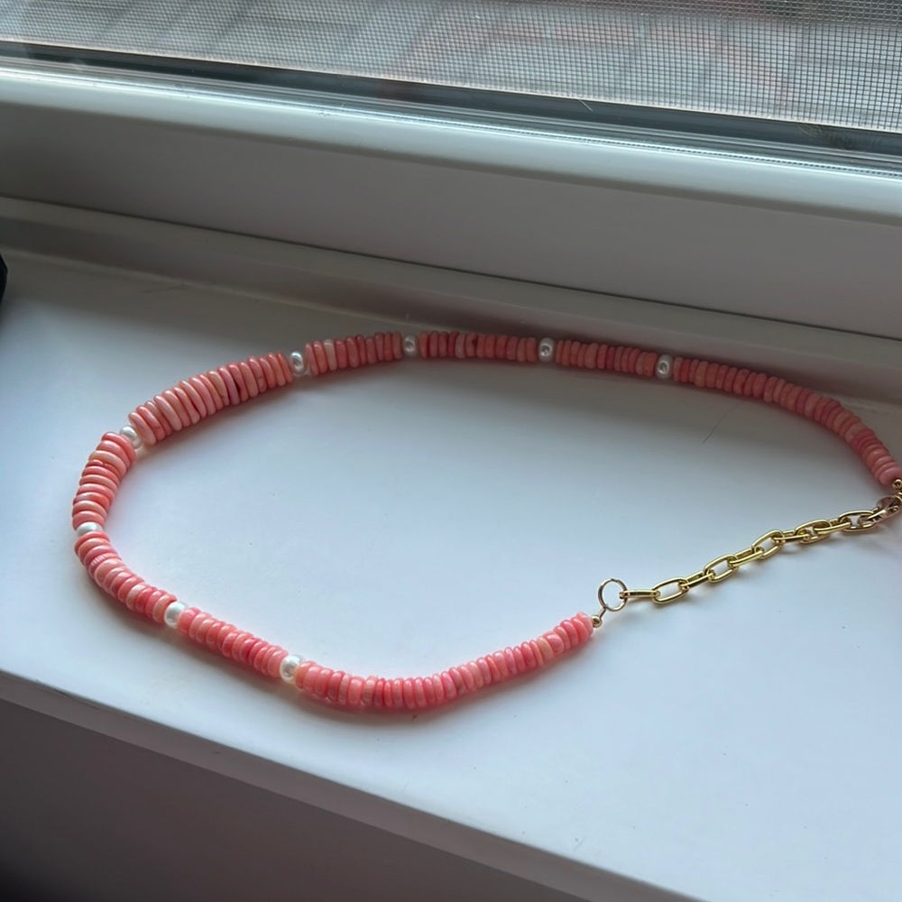 Peach stone and pearl bead necklaces